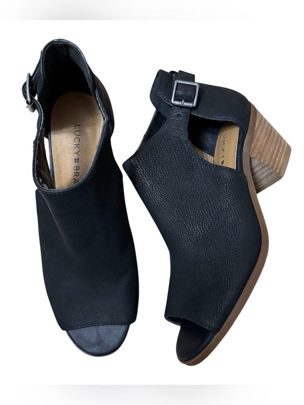 Lucky Brand Barimo Black Leather Cut-out Buckle Peep Toe Booties Sandals Size 8